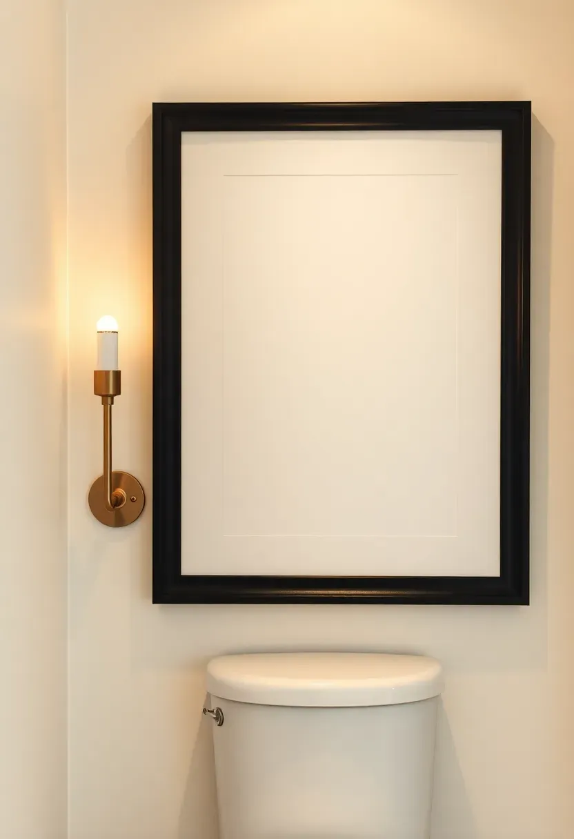 framed black and white bathroom art at eye level above toilet with brass sconce