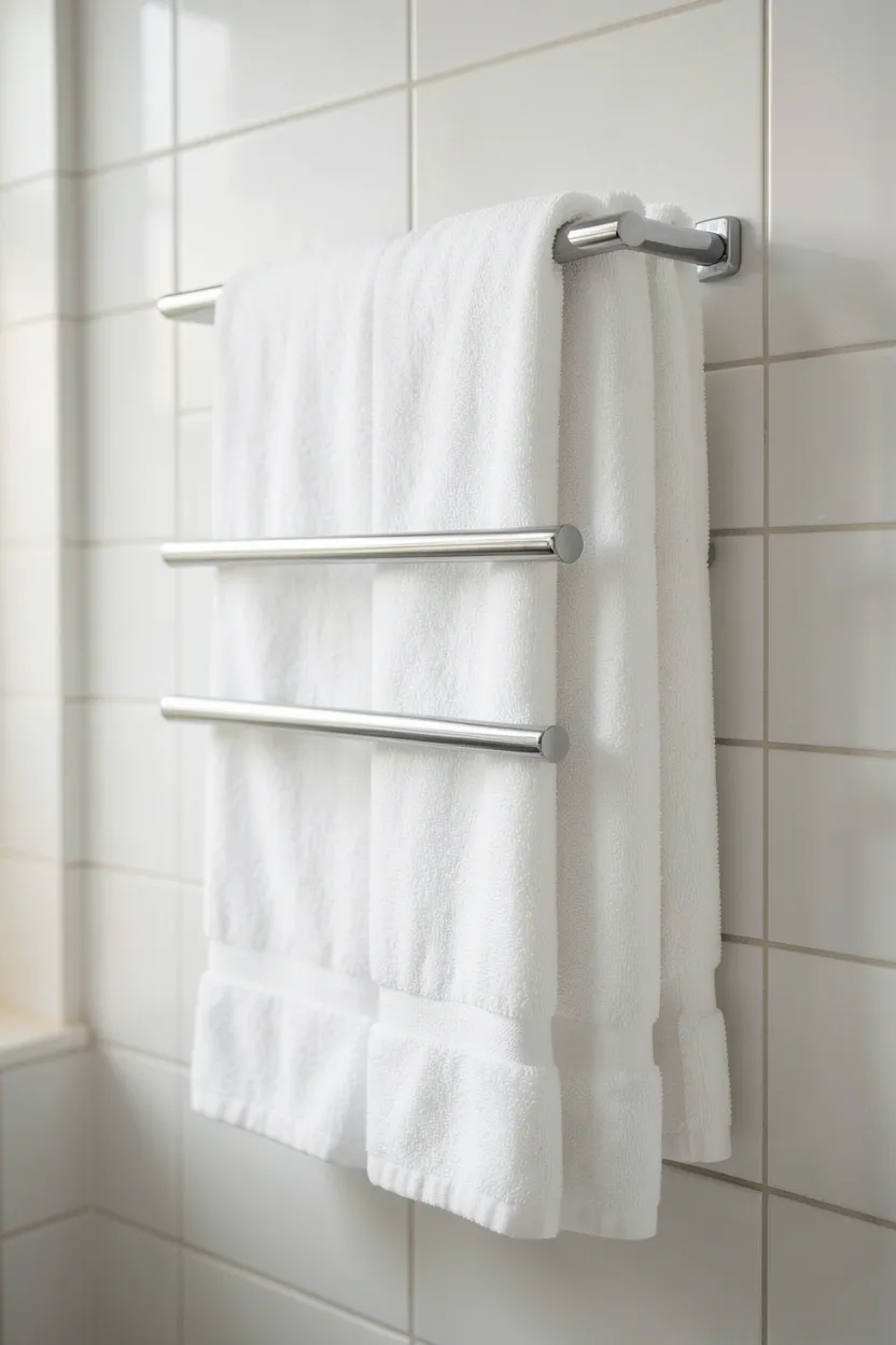 Matte black vertical towel rack with stacked bars holding white and linen towels on a narrow rental bathroom wall
