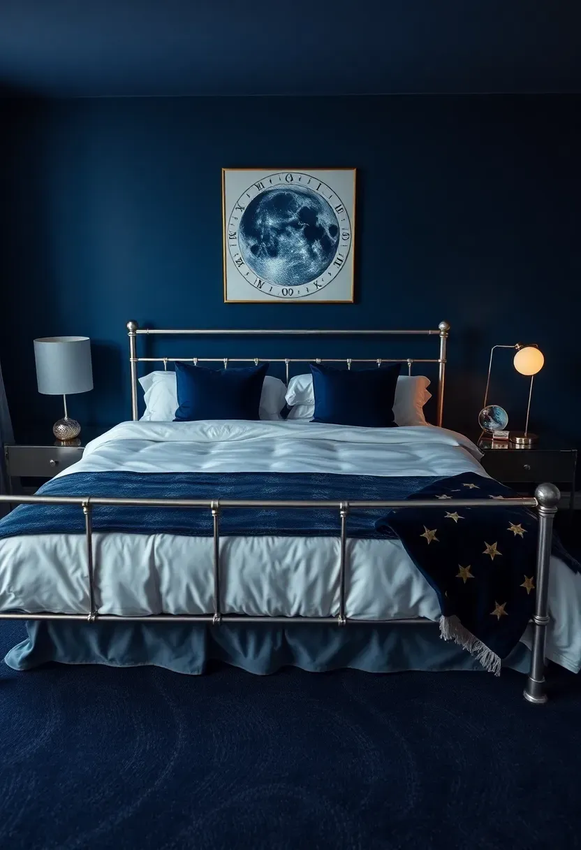 Hyper-realistic wide shot of a moody bedroom with indigo blue walls, queen bed with white duvet and indigo velvet pillows, silver bed frame, silver table lamps with moon details, star-patterned throw blanket. Visible room context with dark blue carpet, moon-phase wall art. Materials: matte indigo paint, white cotton, indigo velvet, polished silver. Cool-toned lighting with warm amber undertones, night-sky shadows. No text, no logos, no watermarks.</p>