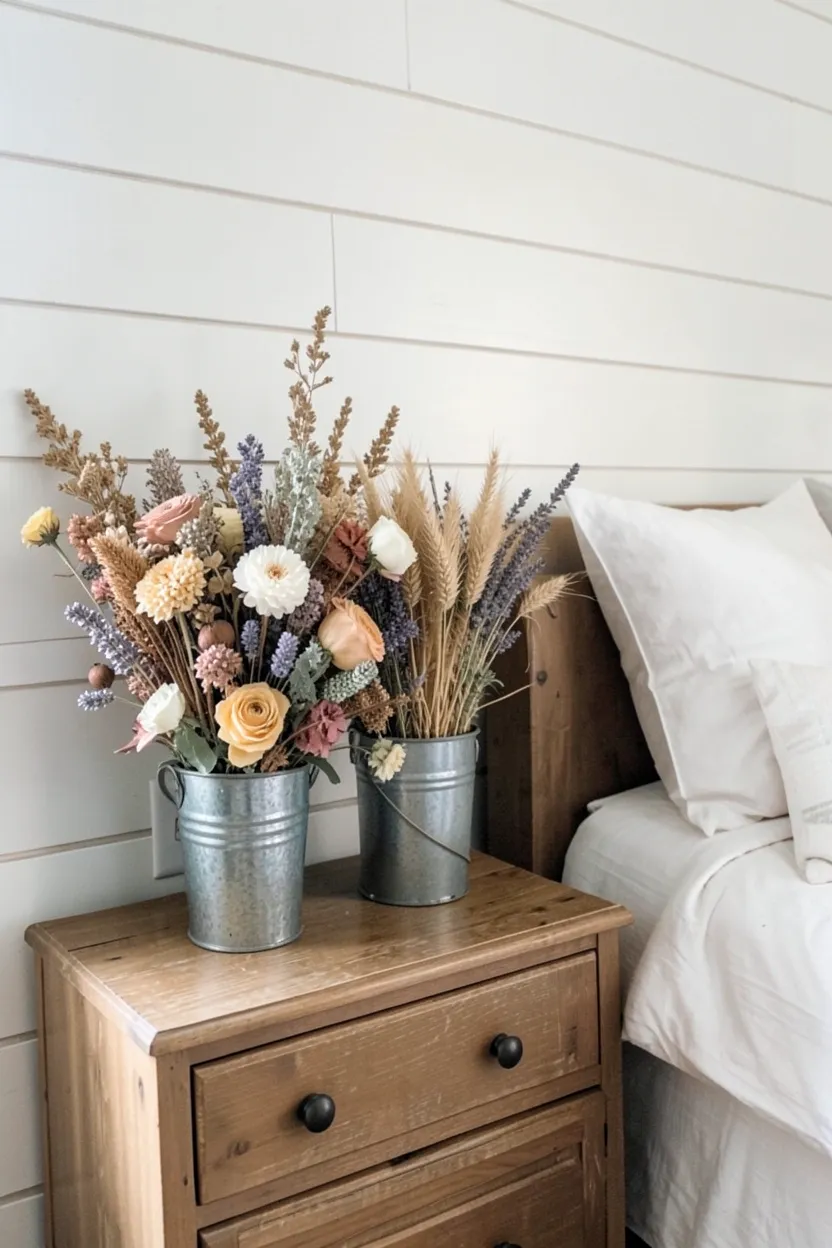 Dried lavender and wheat stems in a galvanized bucket on a farmhouse dresser, adding organic texture to a vintage bedroom