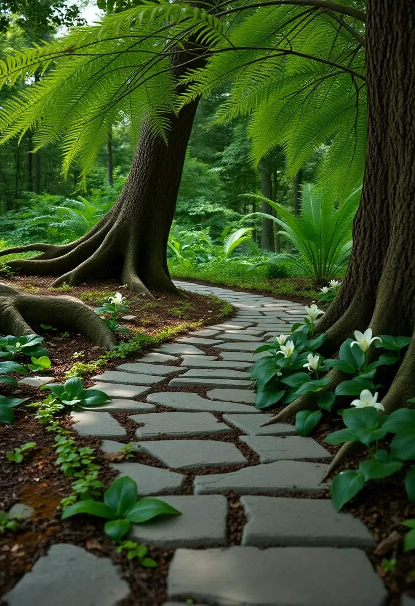 Woodland garden edge with irregular fieldstone path winding between ferns, wild ginger, and trillium through dappled shade under mature trees