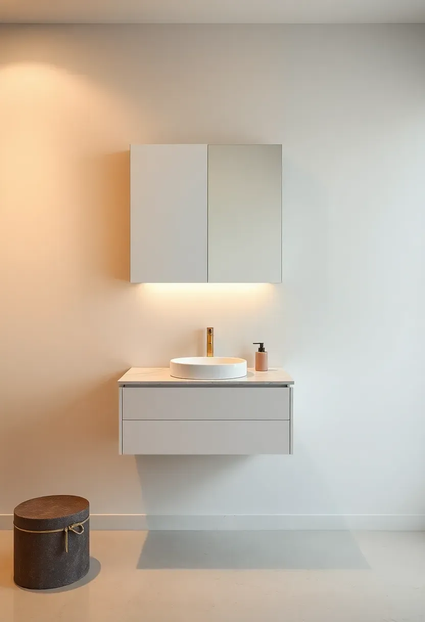Minimalist floating wood vanity with under-cabinet LED lighting and integrated sink in a modern luxury bathroom