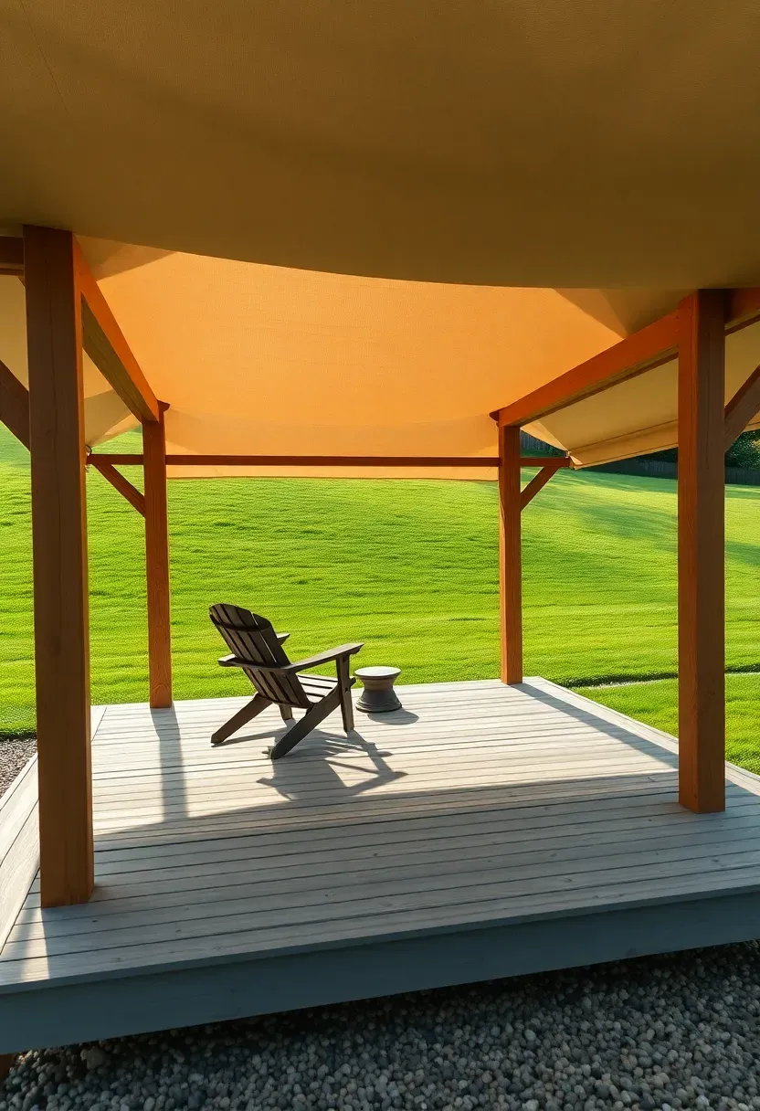 A floating deck gazebo with low-profile composite decking over a gravel base, open-sided timber frame, and canvas shade cloth overhead in a flat grassy backyard