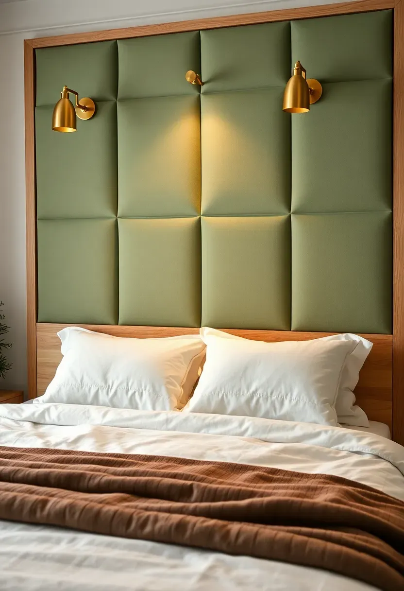 cozy bedroom with fabric-wrapped acoustic sound panels in sage green velvet arranged in a grid on the accent wall behind the bed with warm reading lights
