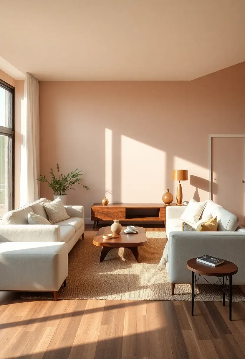 Hyper-realistic 3/4 view of a minimalist living room with blush nude walls, cream sofa, walnut coffee table and media console, and beige wool area rug. Materials: matte blush nude paint with brown undertones, cream linen upholstery, walnut wood, beige wool rug, brass table lamp. Soft natural daylight with warm shadows, elegant and inviting atmosphere. Clean composition with negative space, sharp details on wood grain and textures, no clutter, no text, no watermarks.</p>