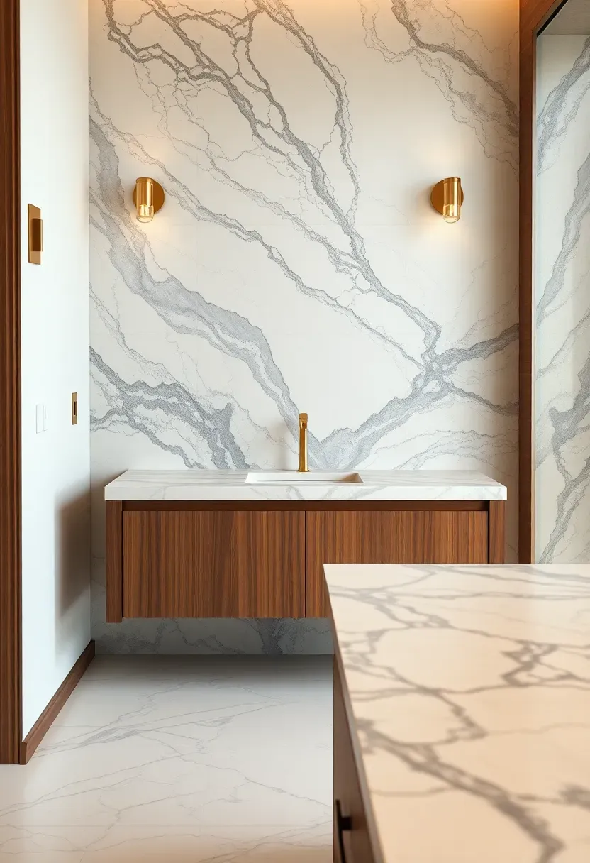 Luxurious bathroom with a full marble slab backsplash behind a floating vanity, showing dramatic gray veining against warm wood cabinetry