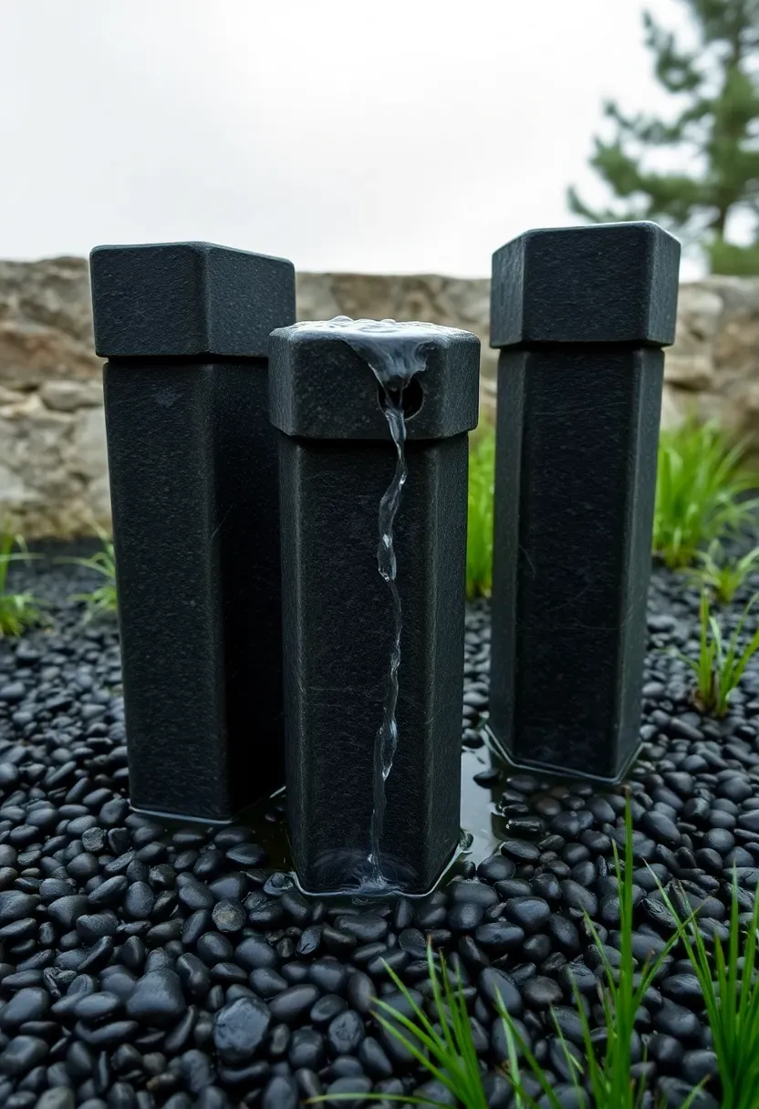 Three polished basalt columns of varying heights with water bubbling up from the top and flowing down the grooved stone surfaces