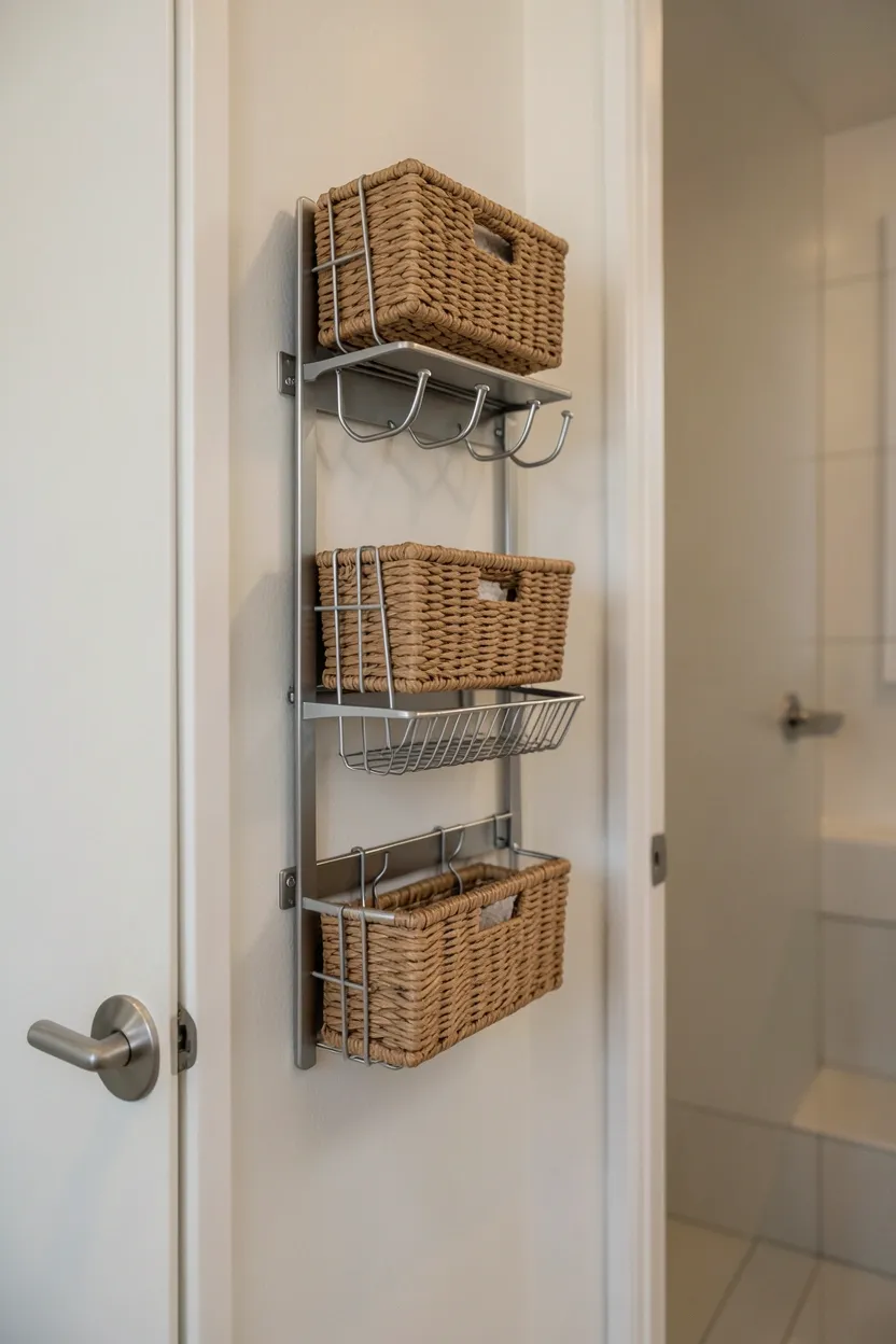 Over-the-door organizer with wire baskets holding toiletries on an apartment bathroom door — no drill storage solution