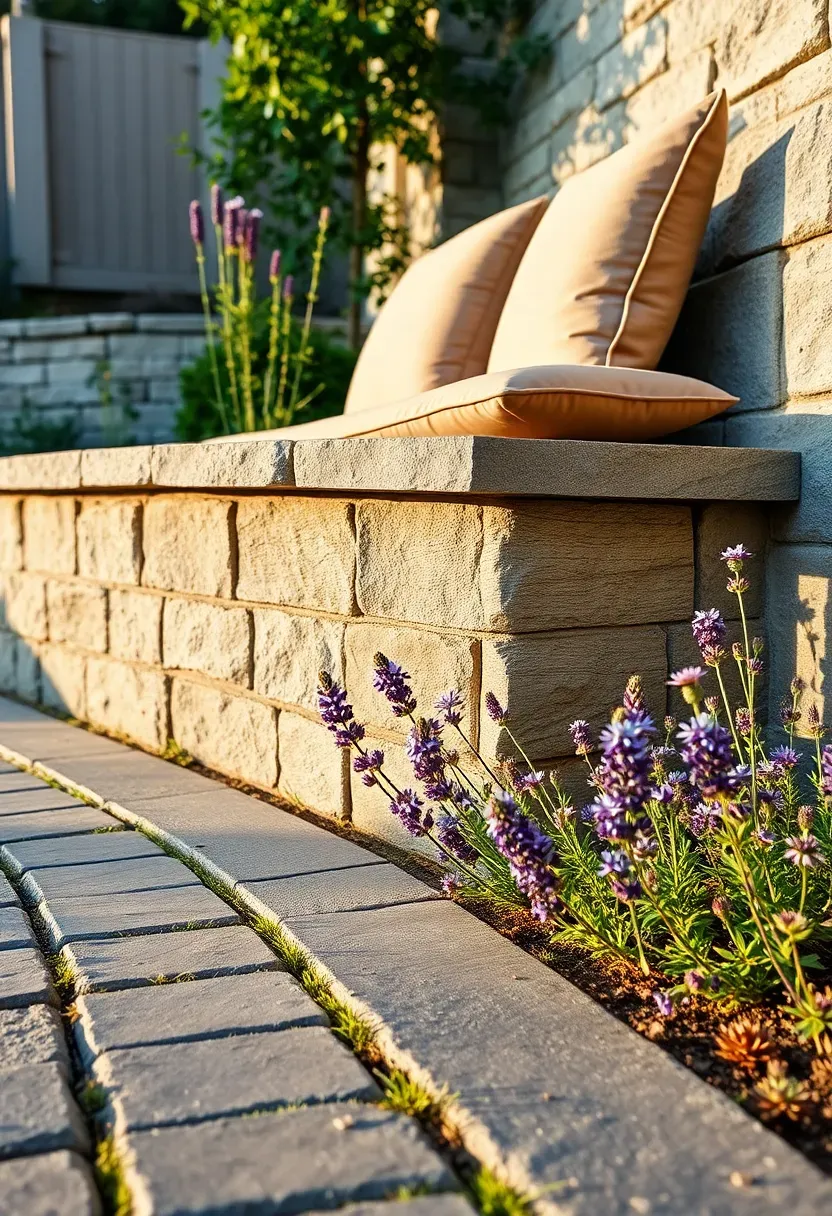 Curved built-in stone bench along a backyard garden wall with cushion pads and low plantings at the base