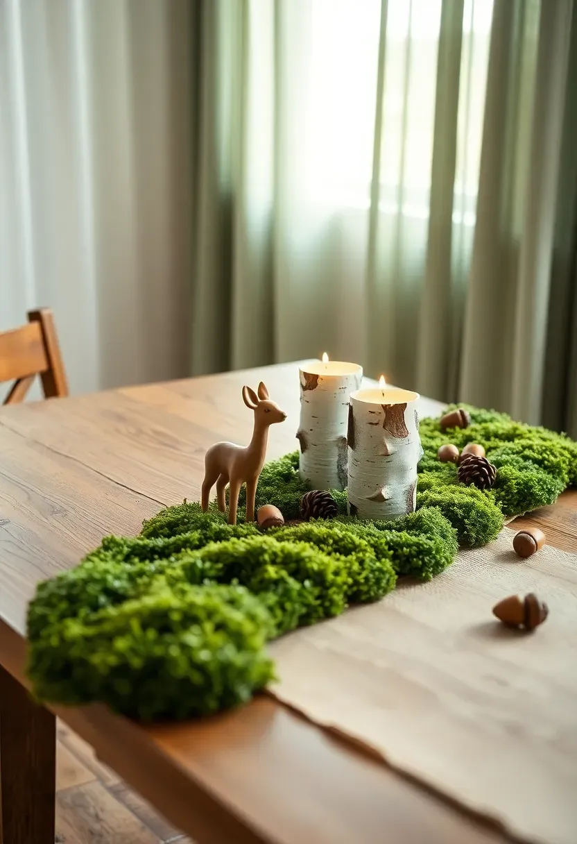 woodland themed baby shower with moss table runner, miniature deer figurines, birch bark candle holders, pinecones, and soft green drapery
