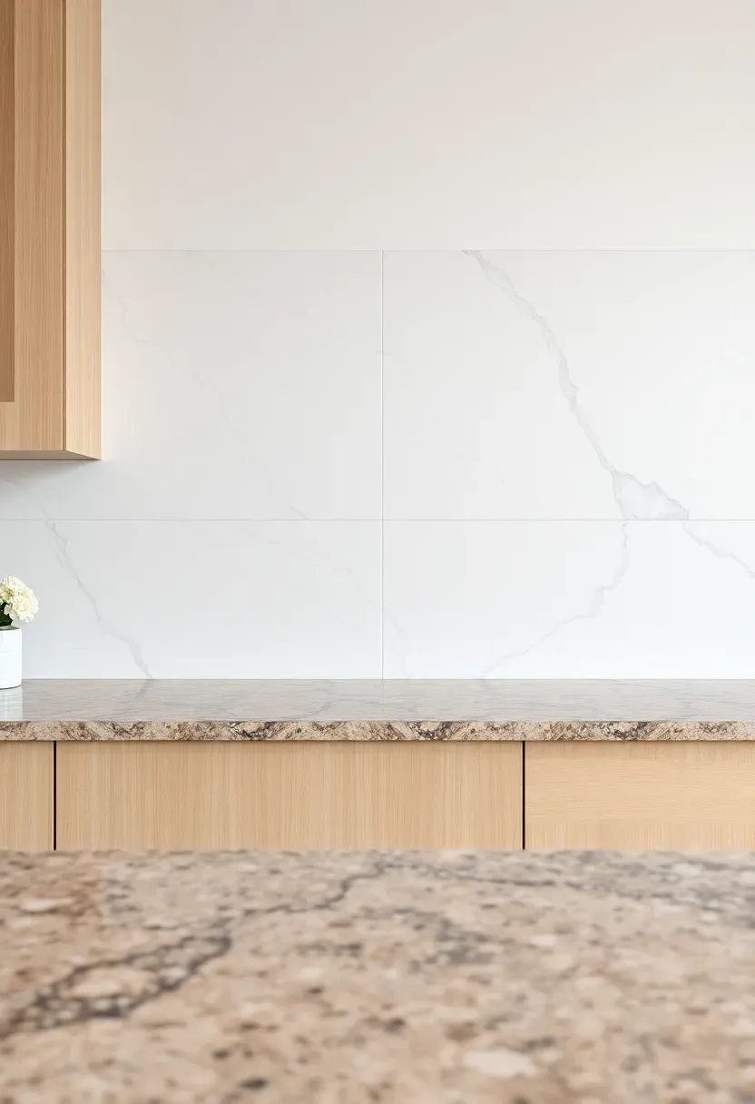 large format marble-look porcelain backsplash tile in a bright kitchen with fantasy brown granite island and light wood cabinets