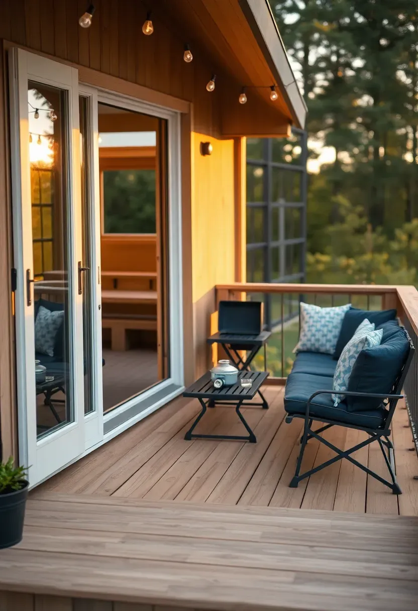 Hyper-realistic 3/4 view of tiny house exterior with light wood folding deck extending from glass sliding door, grey outdoor sectional with navy cushions, portable propane grill on small side table. Materials: cedar decking, powder-coated metal furniture, weather-resistant fabric. Golden hour sunlight casting warm glow. String lights overhead creating soft ambiance. Potted herbs on deck railing. Natural blurred forest background. Shallow depth of field, sharp seating details. No text, no logos, no watermarks.</p>