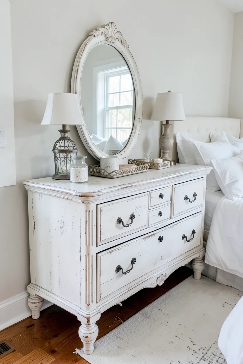 White-washed distressed wood dresser with attached beveled mirror and antique brass knobs in a vintage farmhouse bedroom
