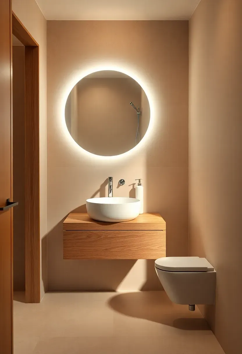 Minimalist small bathroom with mushroom beige micro-cement walls and floating oak vanity