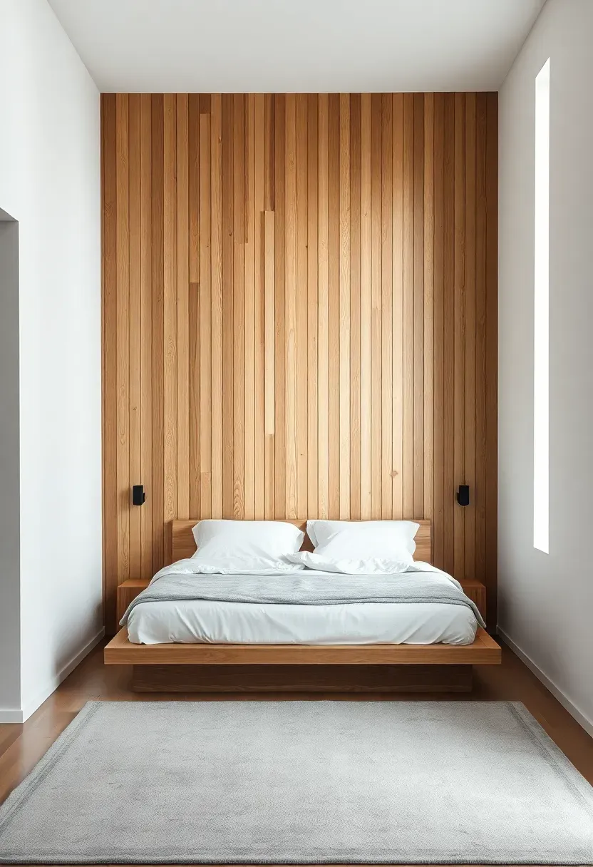 Hyper-realistic straight-on view of floor-to-ceiling vertical wood slat accent wall behind platform bed. Materials: white oak vertical slats, white wall behind, white linens, gray rug. Soft diffused light, neutral palette, architectural mood. Sharp focus on slat spacing and wood grain, visible room context. No text, no logos, no watermarks.</p>