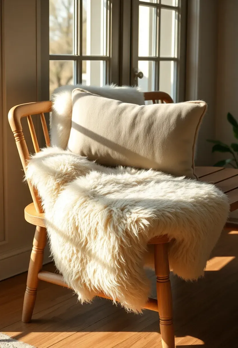 Hard wooden bench in an apartment sunroom softened with two layered faux sheepskin throws in ivory and light grey, a small lumbar pillow in washed linen, warm sunlight highlighting the fluffy texture contrast