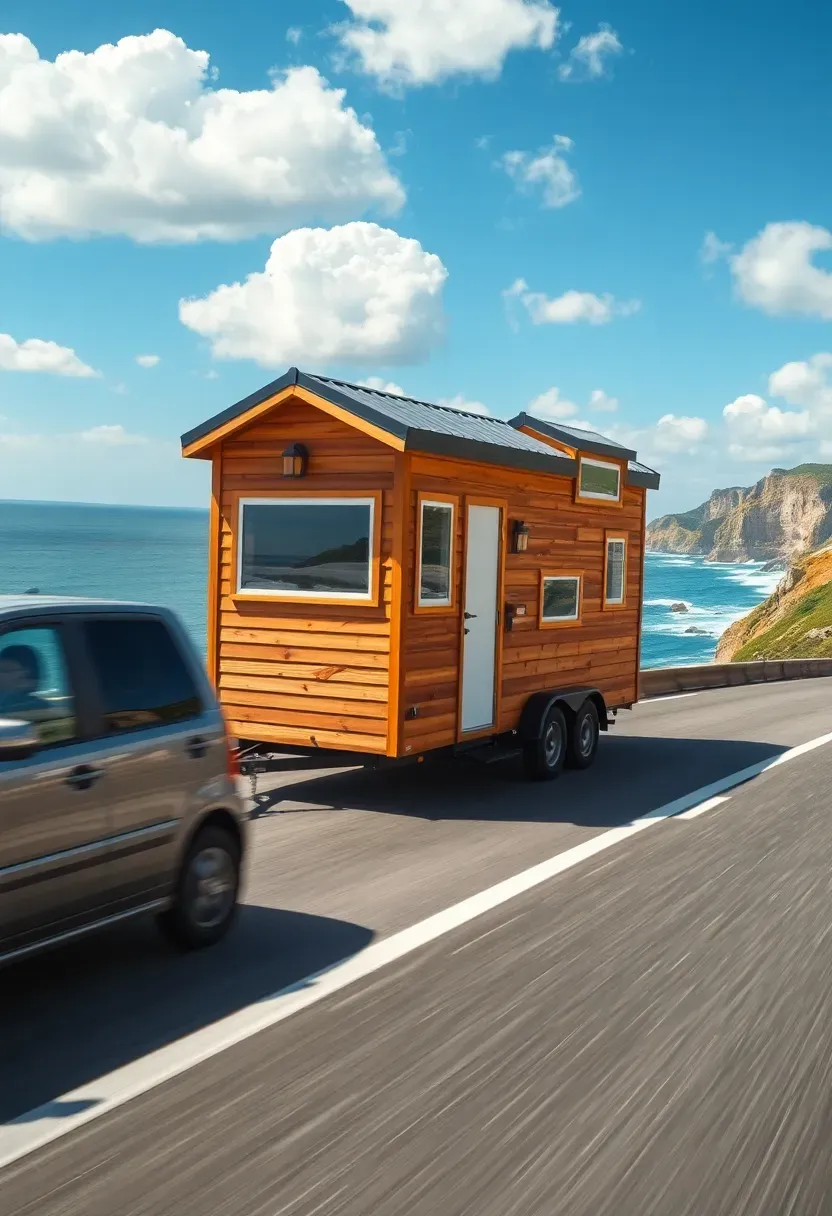 Hyper-realistic 3/4 view of tiny house on wheels being towed by truck on scenic coastal highway, ocean visible in background with cliffs and waves. Materials: modern tiny house with metal roof, wood siding, visible wheels and hitch, compact truck cab visible front, asphalt road with white lane markings. Midday sunlight with blue sky and puffy white clouds creating bright optimistic atmosphere, slight motion blur suggesting movement while maintaining sharp focus on tiny house. Shallow depth of field focusing on tiny house, coastal landscape visible in background with road winding along coastline. Freedom and adventure aesthetic with mobile lifestyle. No text, no logos, no watermarks.</p>