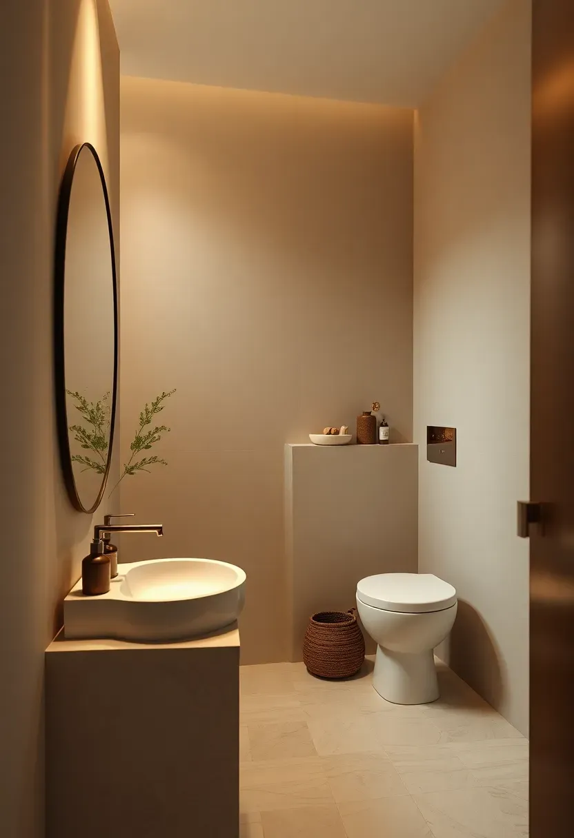 Japanese-inspired minimalist powder room with cedar wood vanity, white walls, stone vessel sink, and single ikebana branch arrangement