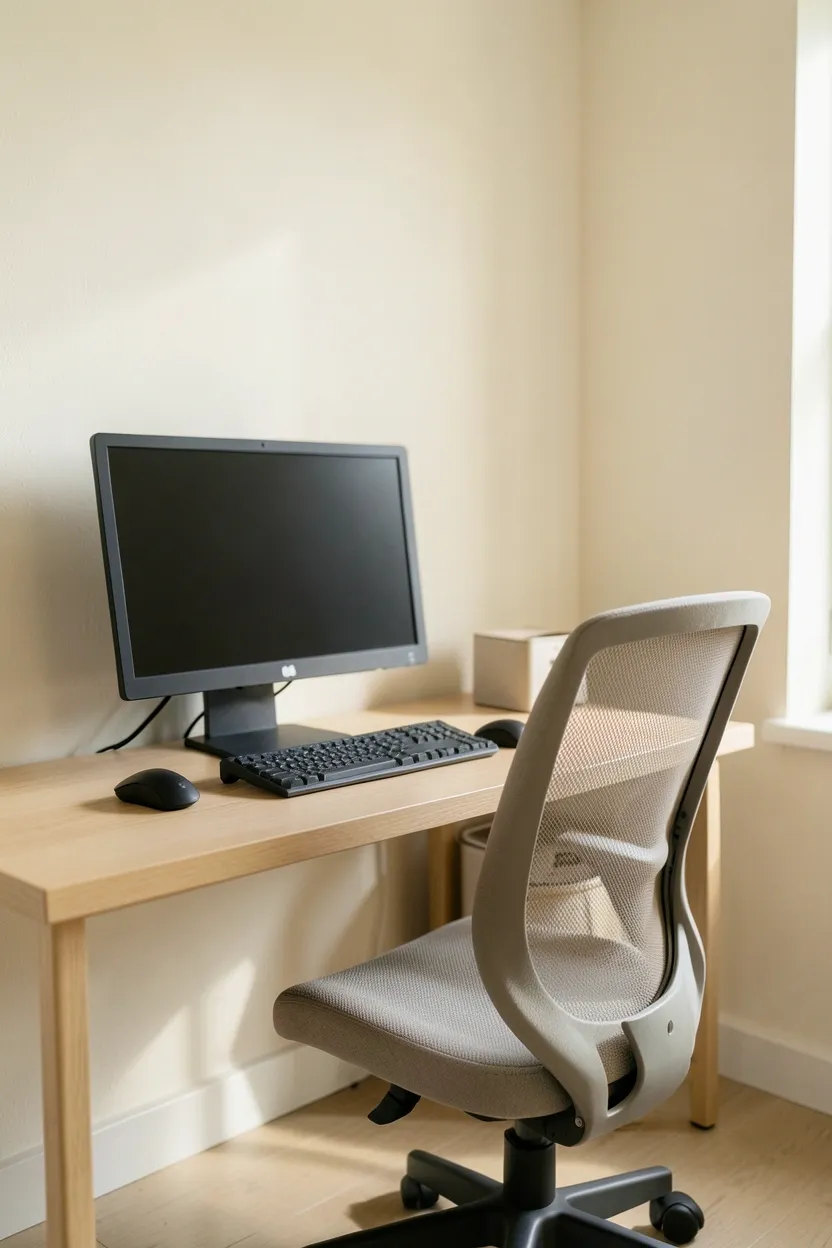 Minimalist rental living room with bare white walls and a single framed print — visual calm through reduced decor