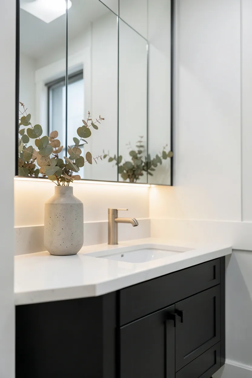 Bathroom vanity cabinet with matte black hardware pulls replacing dated chrome knobs, budget-friendly update for a rental bathroom