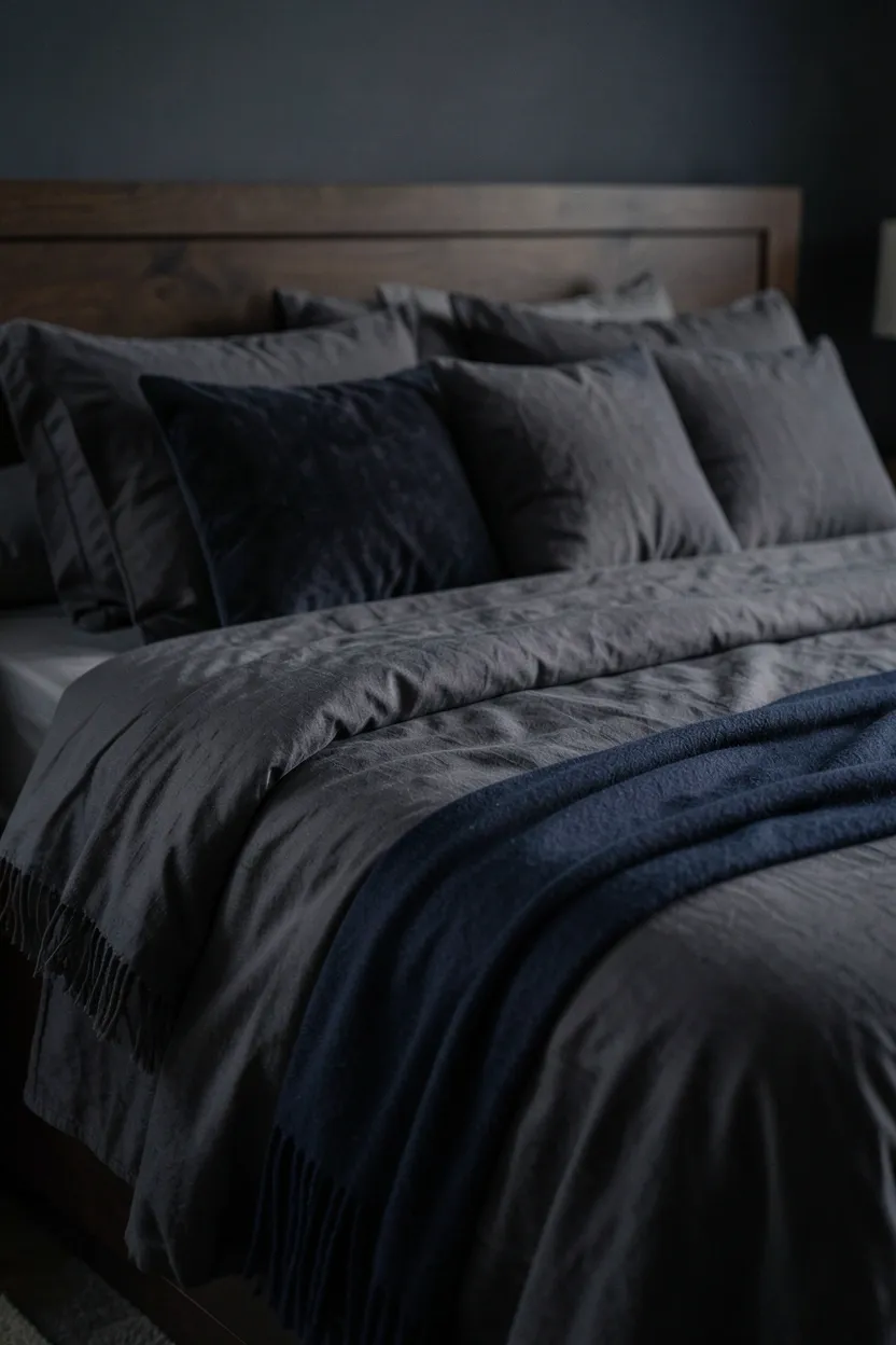 Boho bedroom gallery wall with black-painted surface, warm-toned artwork in mixed wooden frames, and picture light illuminating the collection