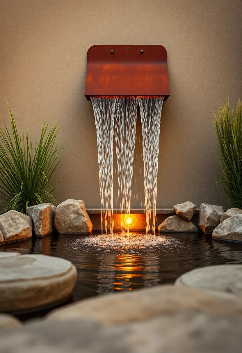 Modern desert water feature with a cor-ten steel spillway pouring water into a recirculating basin surrounded by smooth river stones and ornamental grasses