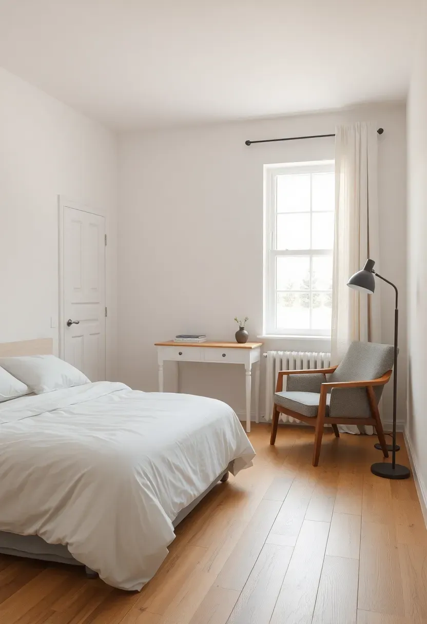 Bedroom with furniture rearranged at no cost — bed centered on the main wall, desk under the window, reading chair in a corner