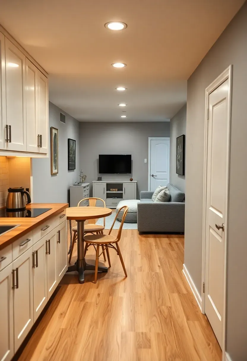 Complete finished basement apartment suite with a small kitchen, dining area, living space, and a hallway leading to a bedroom