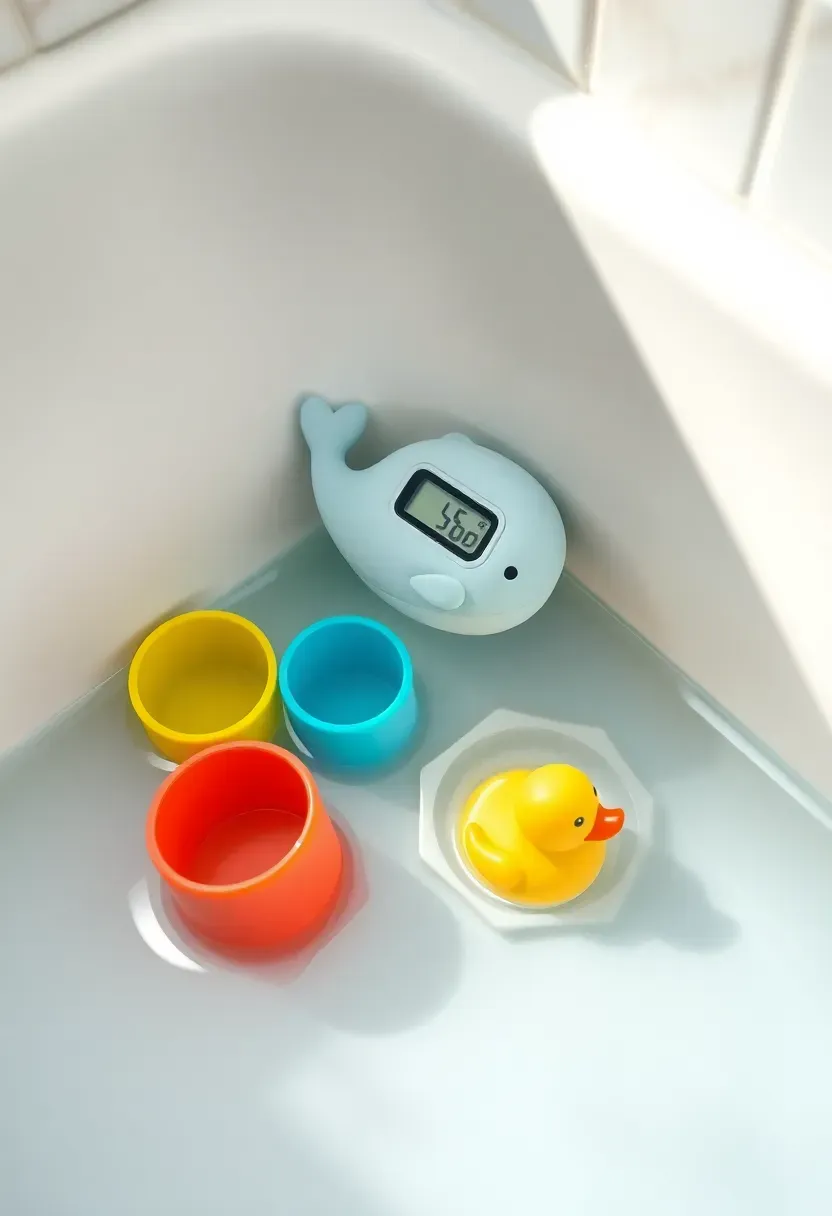 cute baby bath thermometer shaped like a small animal floating in a bathtub with rubber duck toys
