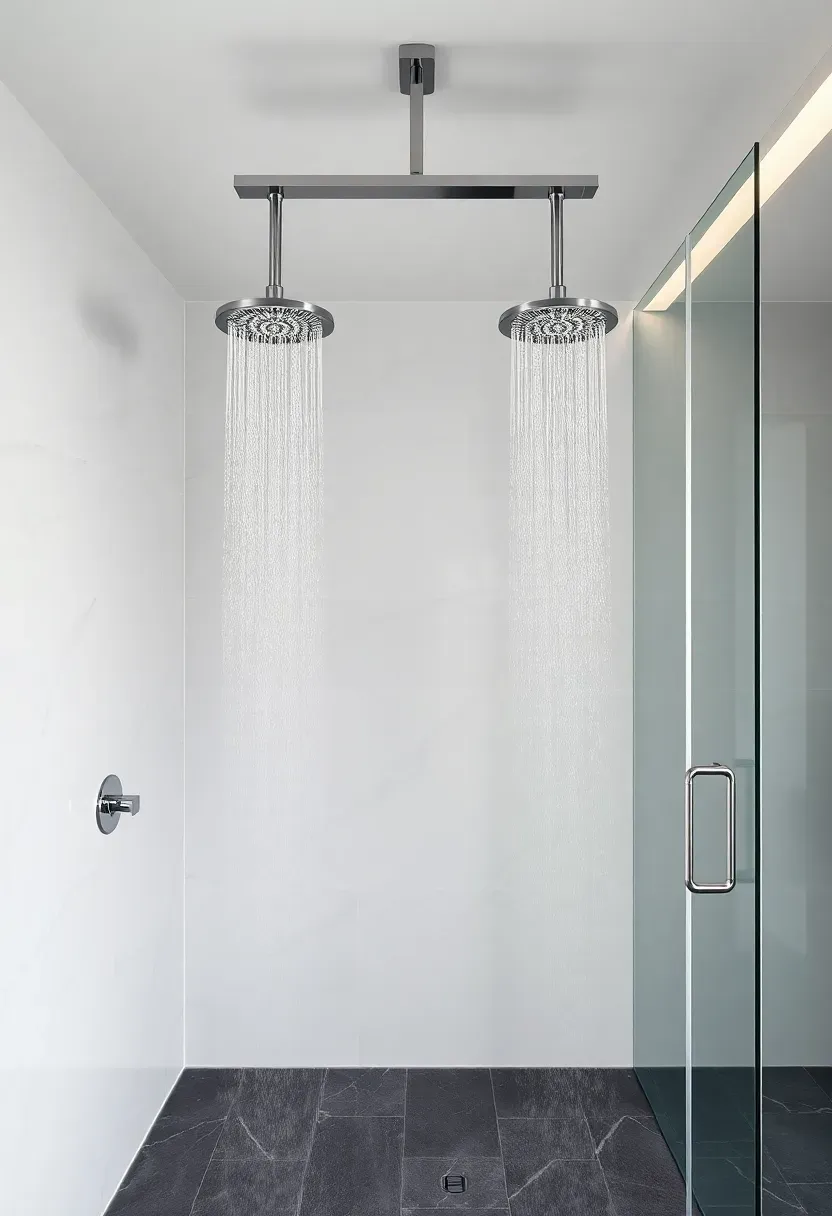 Luxury shower with dual ceiling-mounted rain showerheads in a spacious walk-in design