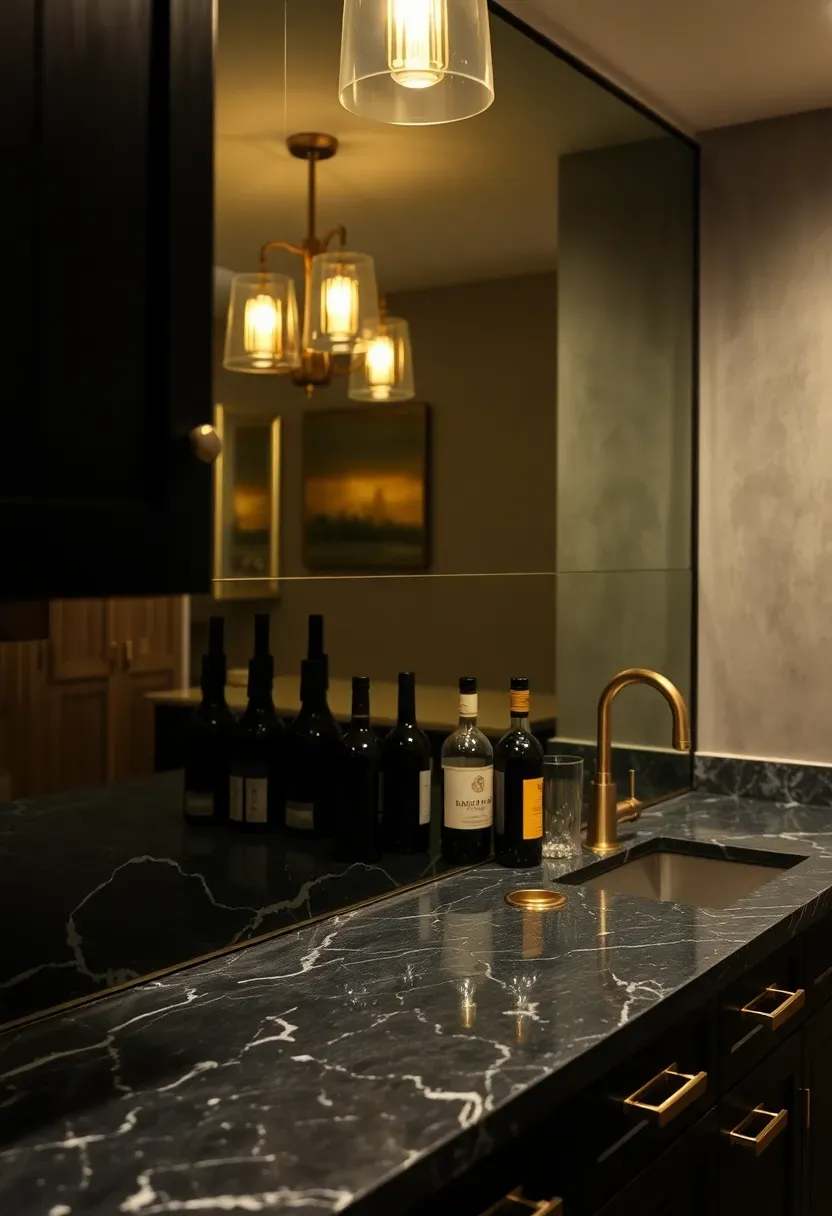 basement wet bar with mirrored backsplash reflecting bottles and pendant lights with dark marble countertop and brass fixtures
