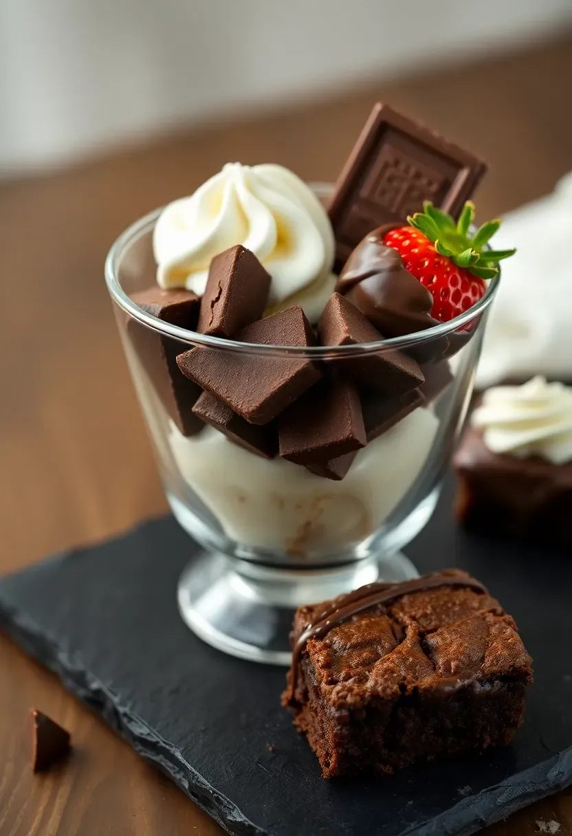 Chocolate and strawberry dessert charcuterie cup with chocolate shavings