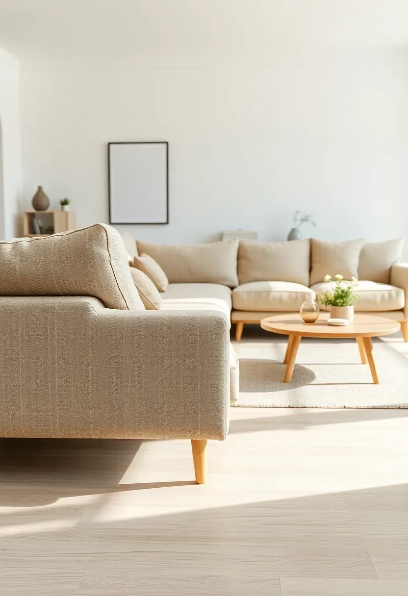 Hyper-realistic 3/4 view of a modern Nordic living room featuring a modular sectional sofa in light oatmeal-colored linen fabric, arranged in an L-shape configuration with low profile and slender wooden legs, showing clean lines and visible upholstery texture. Light wood floor, white walls, minimalist coffee table. Materials: linen upholstery with visible weave quality, light ash wood legs, white oak floor, matte walls. Bright daylight illumination showing fabric texture and sofa's modular construction. Flexible reconfigurable design emphasis. Clean contemporary Scandinavian aesthetic. Shallow depth of field emphasizing sofa foreground with table and room context visible beyond. No text, no logos, no watermarks.</p>