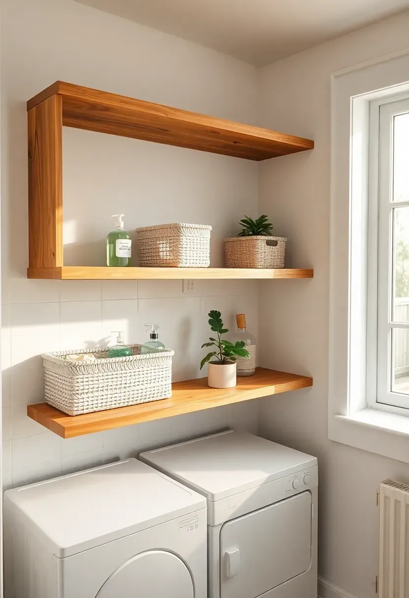 Hyper-realistic 3/4 view of laundry room with three natural oak floating shelves, white woven baskets with labels, glass detergent bottles, small potted plant, white tiled walls, white appliances below, light wood floor. Materials: solid wood shelving, woven seagrass baskets, glass, ceramic tile. Warm diffused side light from window, soft shadows. Organic contemporary mood, shallow depth of field on shelf textures. No text, no logos, no watermarks.</p>
