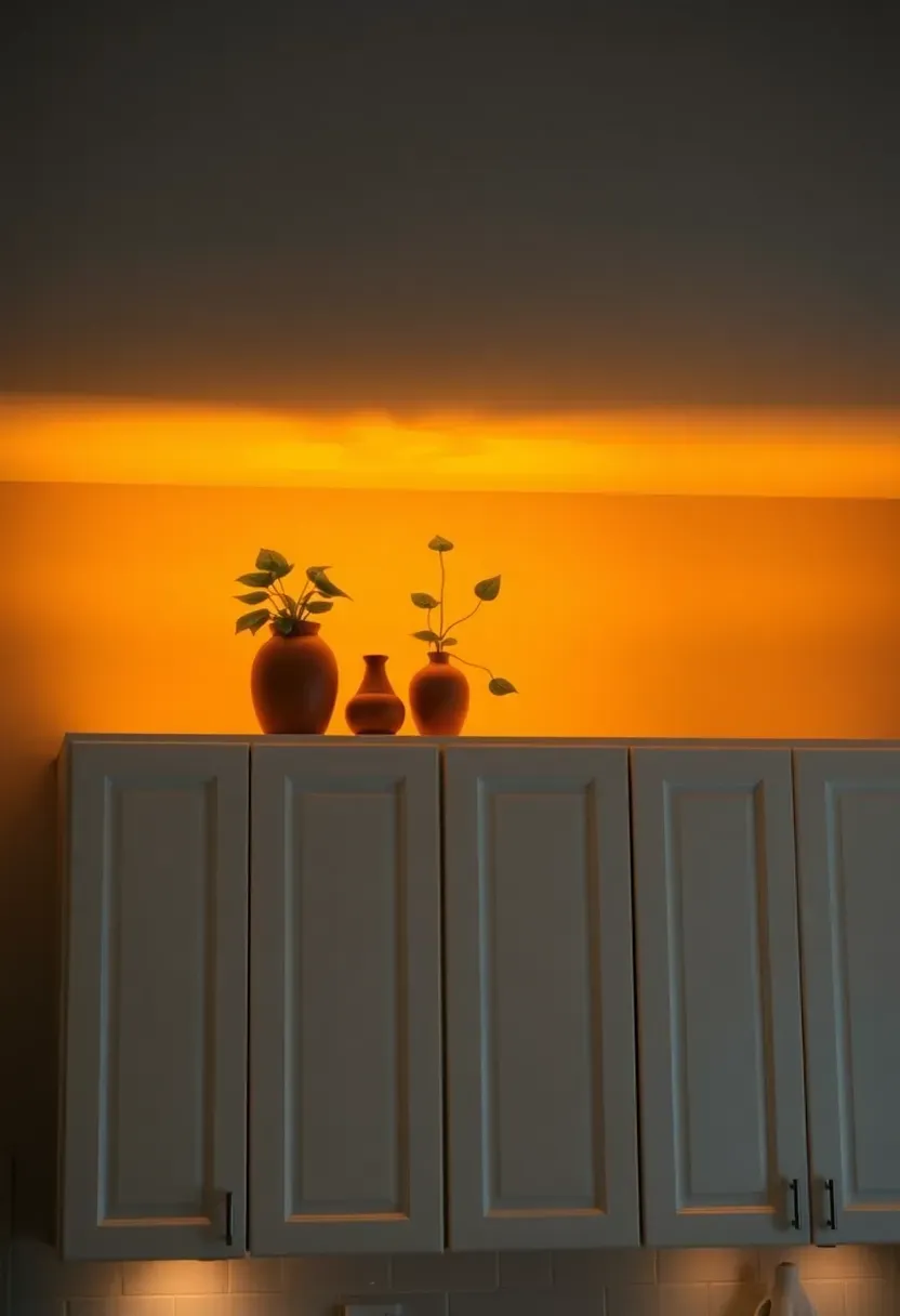 LED strip lighting glowing above kitchen cabinets creating warm ambient uplighting