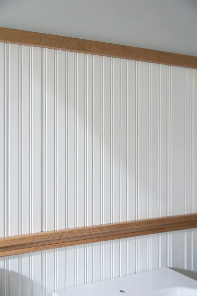 White beadboard paneling below a chair rail with soft gray upper walls in a renter-friendly farmhouse bathroom