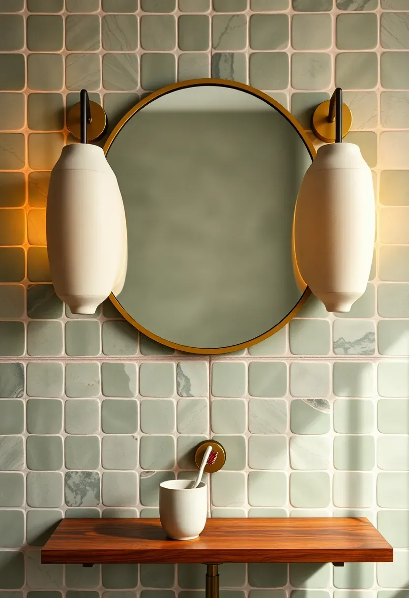 Two handmade ceramic wall sconces with organic shapes flanking a round mirror in a bathroom with zellige tile