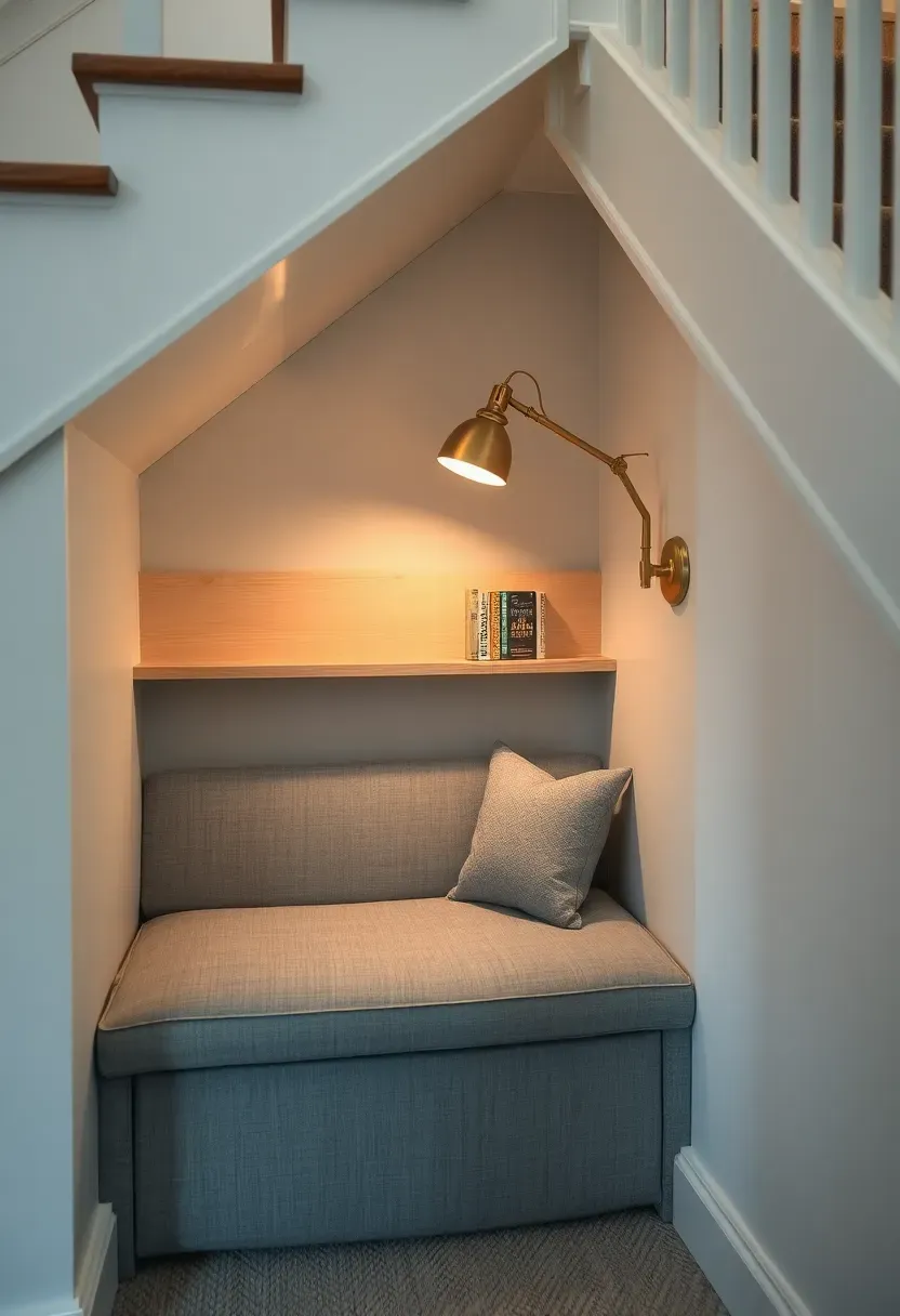 Built-in basement reading nook under a staircase with upholstered bench seating, built-in shelves, and a reading light