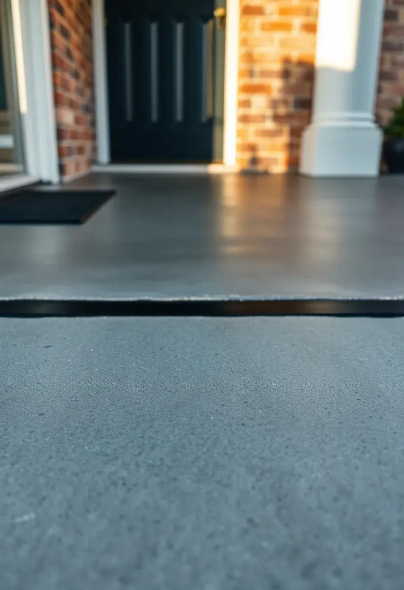 Ranch porch floor refinishing with slate gray acid stain and black aluminum threshold at door