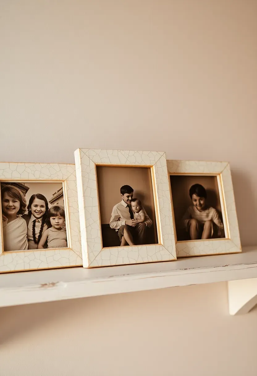 Crackle-finish photo frames in ivory and gold displaying sepia family photos on a distressed white shelf