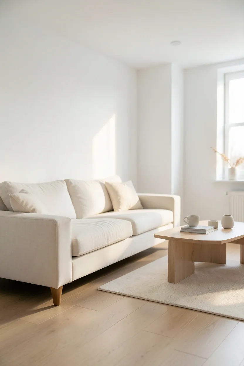 Minimalist Scandinavian apartment living room with clear coffee table and clutter-free surfaces