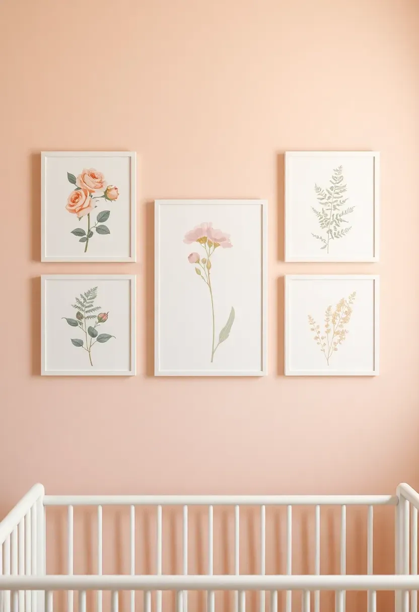 gallery wall of botanical prints in soft pink and green in a baby girl nursery