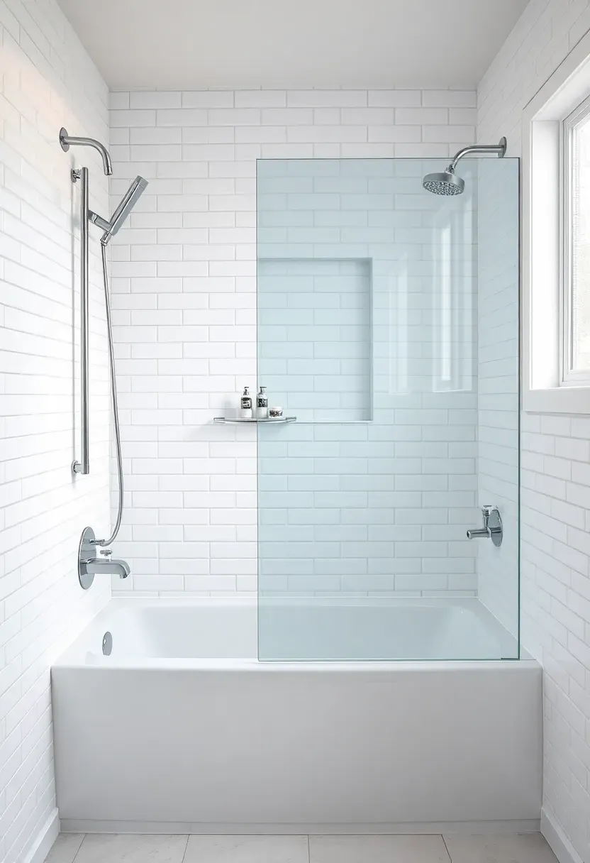Tub and shower combo with frameless glass panel, white subway tile, and chrome rain showerhead