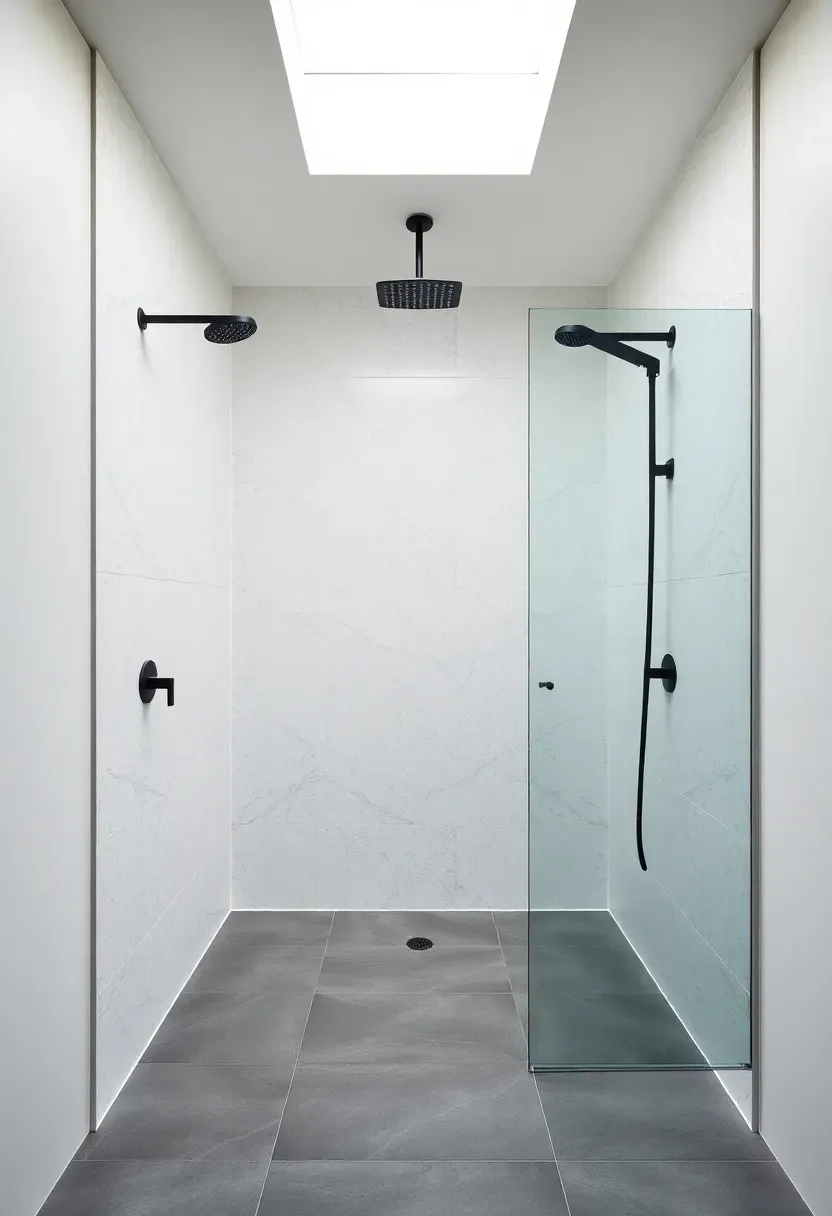 Walk-in shower without glass enclosure featuring a half wall and open entry in a modern bathroom