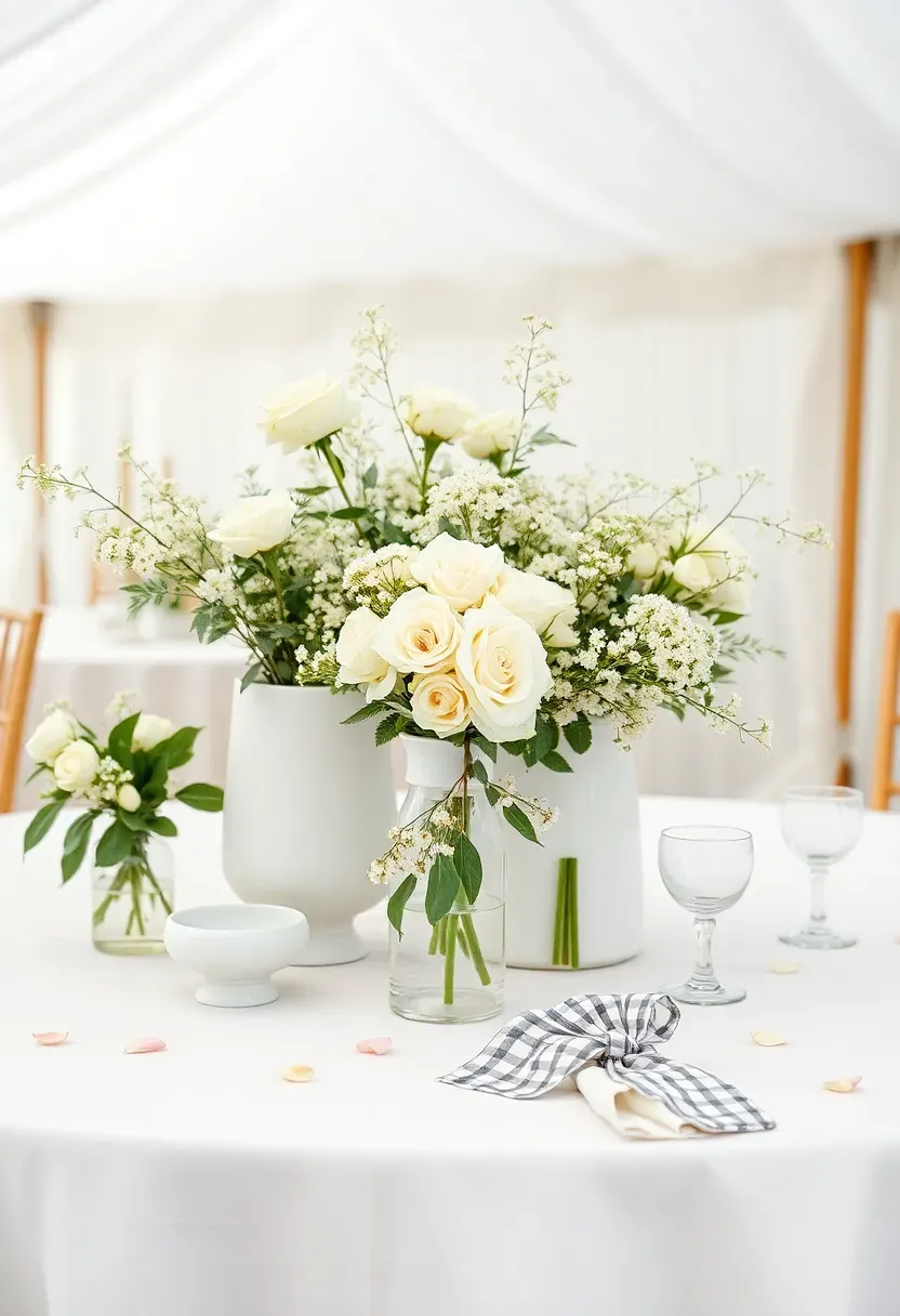 wedding flower bar with white ceramic vases and milk glass vessels on white linen tablecloth