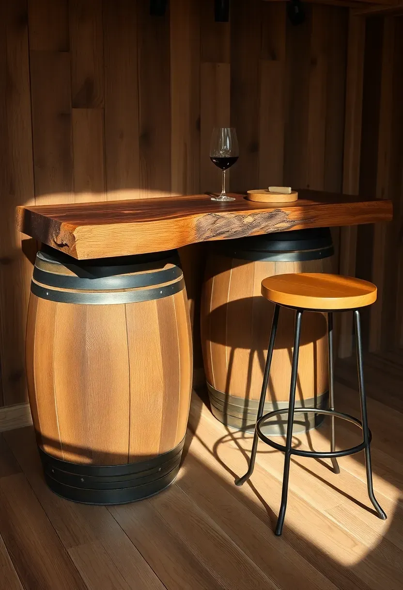 rustic basement bar using repurposed wine barrel halves as base with thick slab wood top and wrought iron stool nearby
