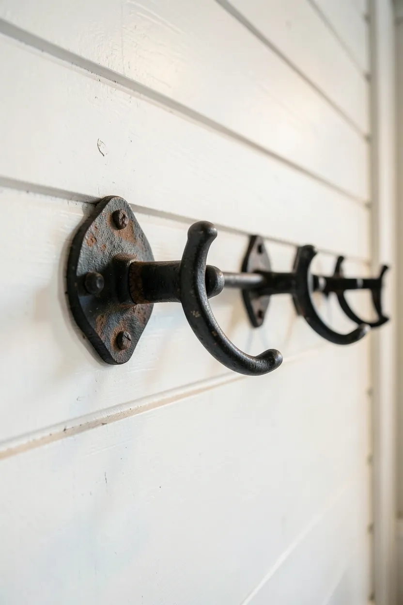 Matte black wrought iron towel bar and cabinet pulls on a white farmhouse bathroom cabinet
