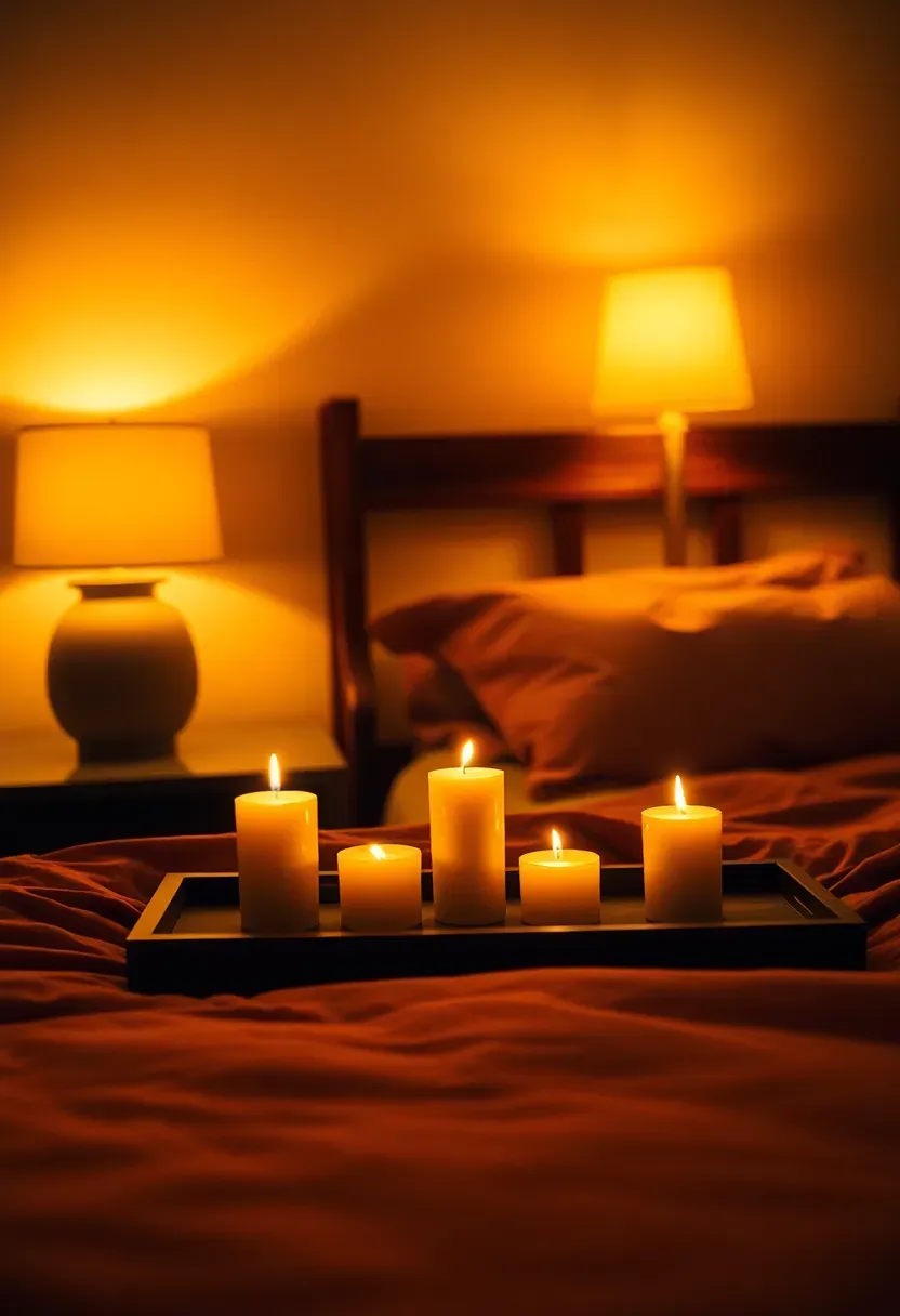 cozy adult bedroom at evening with warm dimmed table lamps flickering candles on a wooden tray and soft amber light throughout