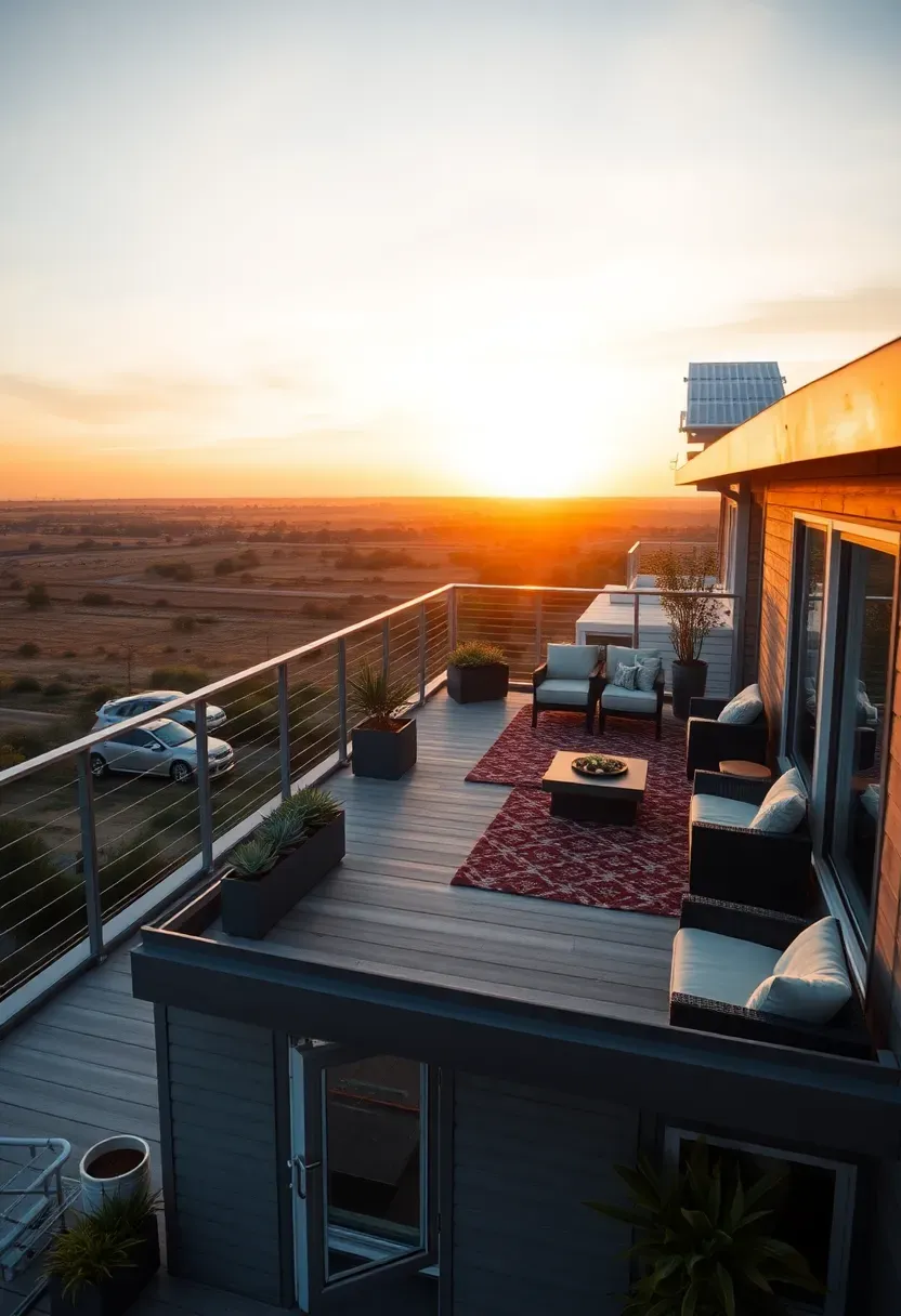 Hyper-realistic elevated view of modern tiny house rooftop terrace with seating area and plantings. Materials: composite decking, cable railings, modern outdoor furniture, succulent planters, solar panels. Warm sunset lighting with long shadows, view of surrounding landscape beyond railing. Contemporary design with clean lines and intentional plant groupings. Composition showing relationship between roof terrace and tiny house exterior below. No text, no logos, lifestyle magazine style.</p>