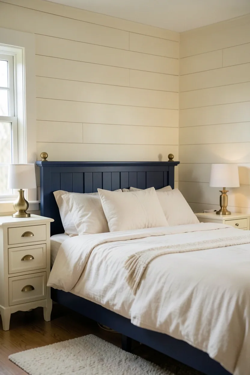 Blue Upholstered Headboard with Cream Walls
